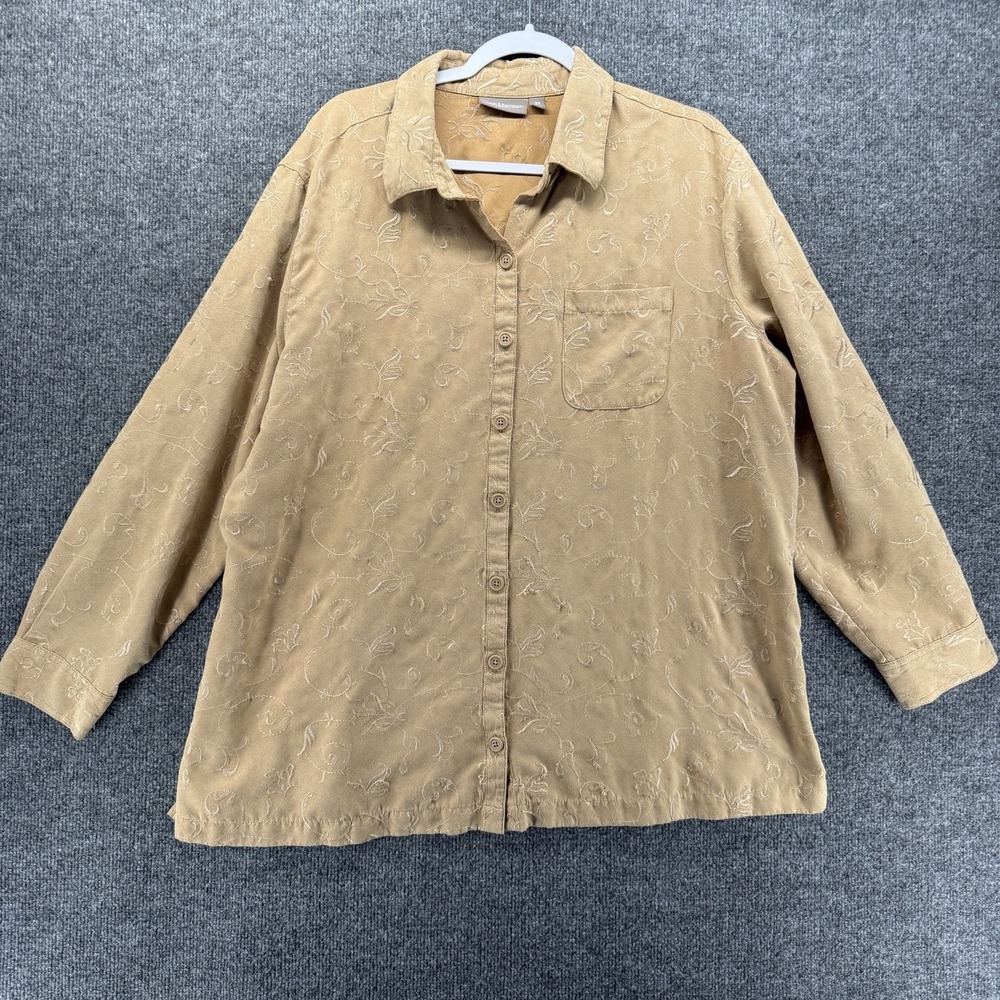 Croft Barrow Shirt Womens 2X Tan Faux Suede Embroidered Button Up Western Boho